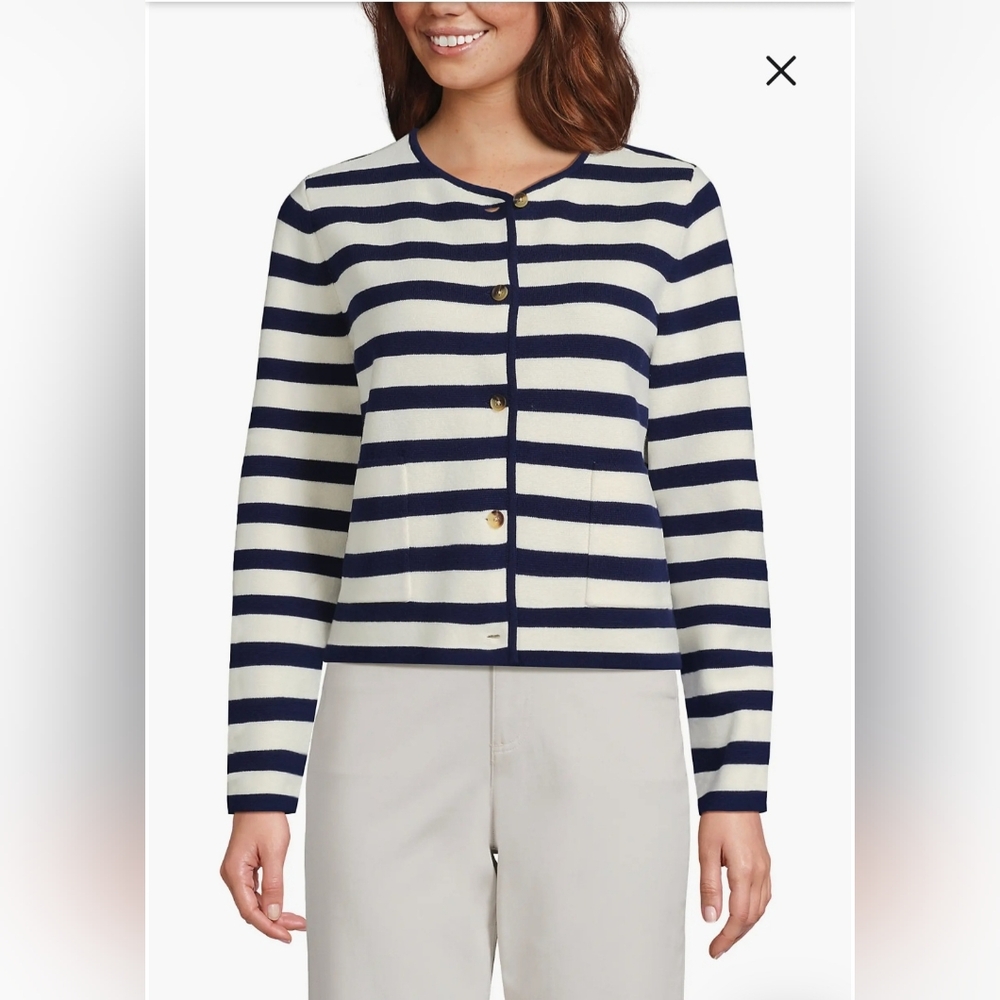 Lands End Fine Gauge Cotton Milano Blazer Sweater Preppy Nautical Classic Large